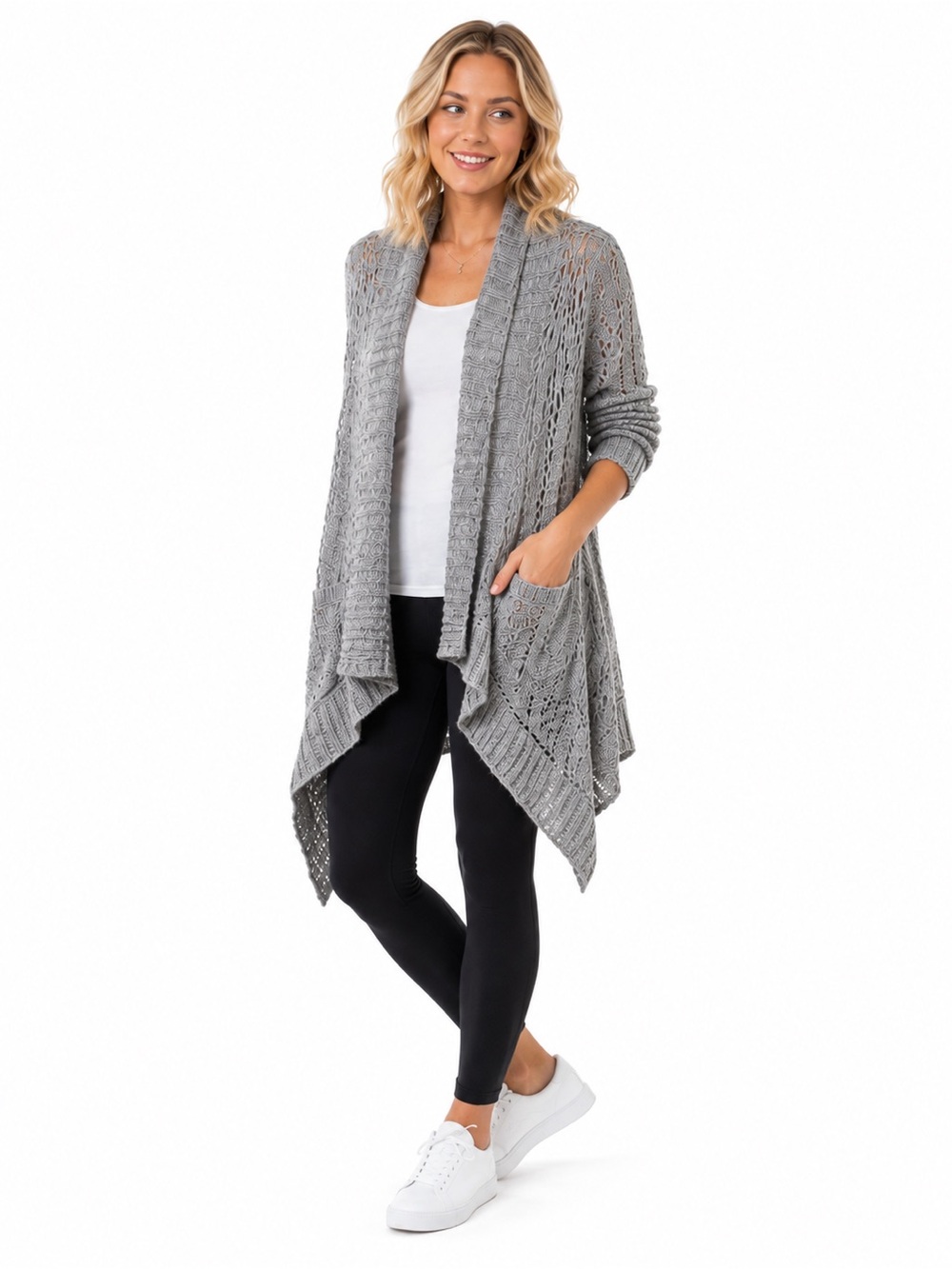 Dots Gray Open Knit Draped Cardigan Sweater Size Small Made in USA